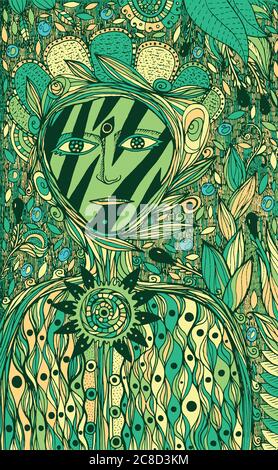 Flower Spirit - Fantasy Tinte Grafik Kunst. Grüne Cartoon surreale Kunstwerk mit fantastischen Kreatur. Vektorgrafik Stock Vektor