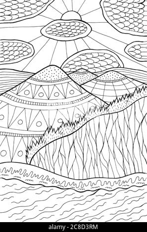 Cartoon Doodle Landschaft. Berge, Fluss, Wolken, Sonne, Wald. Drucklinie Bildmaterial. Vektorgrafik Stock Vektor