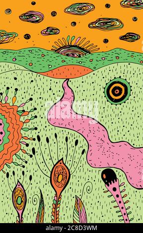 Cartoon psychedelische Landschaft - bunte Hippie Kunst. Fantastische Grafik Skizze Kunstwerk. Vektorgrafik Stock Vektor