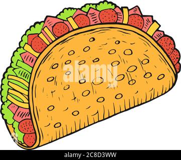 Mexikanische Küche Taco - bunte Skizze. Druckgrafiken. Grafik Doodle Cartoon Art. Vektor-Illustration Stock Vektor