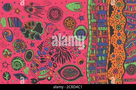 Psychedelische abstrakte bunte abstrakte Skizze. Surreal seltsame Linie Hintergrund. Pinker Hintergrund. Vektorgrafik Stock Vektor