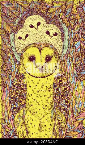 Handgezeichnete Kunst mit Eulen auf der Eiche. Realistische psychedelische bunte Grafik Kunstwerk. Vektorgrafik Stock Vektor