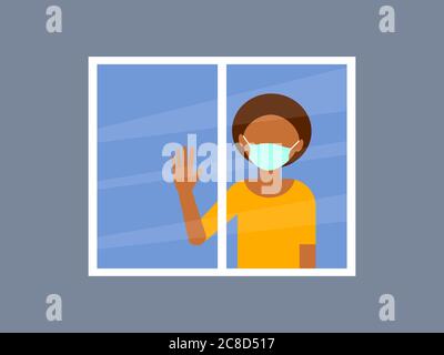 Afroamerikanische Frau mit medizinischer Maske, die mit erhobener Hand am Fenster steht.Einsamkeit, Traurigkeit und soziale Distanzierung. Vektorgrafik, flach. Stock Vektor