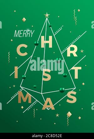 Frohe Weihnachten abstrakte Vektor minimalistische Geometrie Poster, Grußkarte oder Hintergrund. Grüne und goldene Farben, moderne Typografie, Schweizer Stil Stock Vektor
