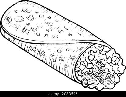 Mexikanische Lebensmittel Burrito - Malvorlagen für Erwachsene. Druckgrafiken. Grafik Doodle Cartoon Art. Vektor-Illustration Stock Vektor