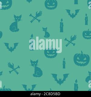 Spaß Halloween-Symbole Vektor Nahtlose Hintergrundmuster. Katzen, Kürbisse und Fledermäuse und Zombie Hände mit Knochen und Kerze Karte oder Cover-Vorlage. Stock Vektor