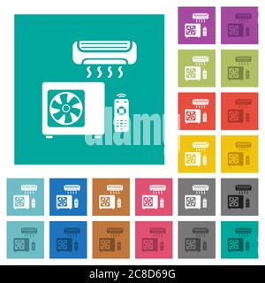 Klimaanlage mehrfarbige flache Symbole auf schlichten quadratischen Hintergründen. Weiße und dunklere Symbolvarianten für schwebe- oder aktive Effekte. Stock Vektor