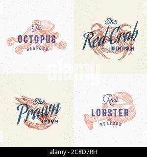 Seafood Labels Set. Karten Mit Retro-Effekt. Abstrakte Vektorzeichen, Symbol oder Logo Vorlagen. Handgezeichneter Hummer, Krake, Garnelen und Krabben mit Stock Vektor