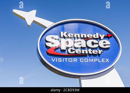 Florida Brevard County, Cape Canaveral, Kennedy Space Center, Besucherkomplex, Eingang, Vorderseite, Schild, Logo, NASA, Weltraum, Rakete, Attraktion, Besucher reisen Trave Stockfoto