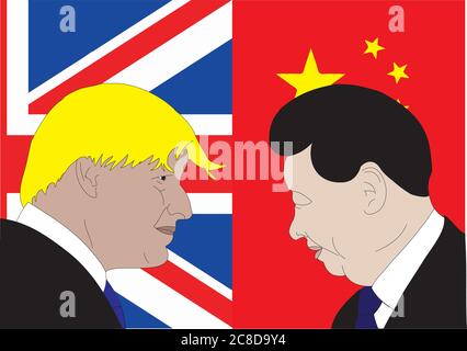 Boris Johnson Gesicht weg mit Xi Jinping - Illustration von Kopf - Großbritannien gegen China - einander gegenübergestellt Stock Vektor