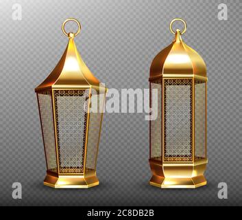 Arabische Lampen, goldene Laternen mit arabischem Ornament, Ring, Platz für Kerze. Zubehör für islamischen ramadan Urlaub. Realistische 3d Vektor Vintage leuchtende Leuchten isoliert auf transparentem Hintergrund Stock Vektor