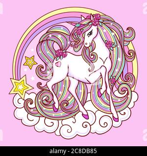 Schönes Einhorn mit einer langen Mähne und einem Regenbogen. Fantasy Tier für Kinder Design Drucke, Poster, Aufkleber, Karten. Icons und so weiter. Vektor-Abb. Stock Vektor