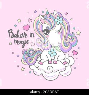Glauben Sie an Magie. Süß. Cartoon Einhorn auf einer Wolke unter den Sternen. Fantasy-Tier. Für die Gestaltung von Drucken, Plakaten, Aufklebern, Aufklebern, Abzeichen, etc. V Stock Vektor