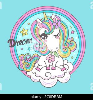 Traum. Kleines Einhorn auf einer Wolke in einem runden Regenbogen. Niedliches Fantasy-Tier. Das Symbol von Viel Glück. Für Kinder-Design-Drucke, Poster, T-Shirts, ca. Stock Vektor