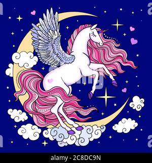 Weißes Einhorn mit einer rosa Mähne auf dem Mond zwischen den Wolken. Fantastisches Tier. Für die Gestaltung von Drucken, Plakaten, Karten, Tattoos, Sticker und so weiter. Stock Vektor