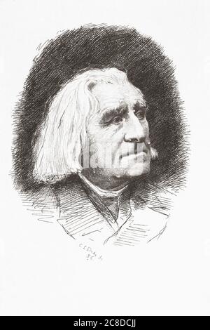 Franz Liszt, 1811 – 1886. Ungarischer Komponist, virtuoser Pianist, Dirigent, Musiklehrer, Arrangeur, Organist, Philanthropist, Autor, Nationalist und Franziskaner-Tertiär. Nach einer Radierung von Carel Lodewijk Dake. Stockfoto