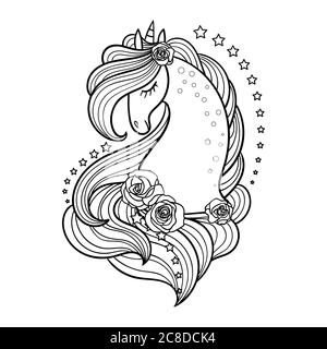 Ein magisches Einhorn mit langer Mähne und Rosen und einem Stern. Schwarzweiß-Bild. Für die Gestaltung von Drucken, Pfosten, Malbücher, Abzeichen, Aufkleber, emble Stock Vektor