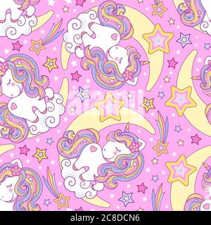 Nahtloses Muster mit weißem Einhorn auf rosa Hintergrund. Für die Gestaltung von Stoff, Tapete, Hintergründe, Geschenkpapier, Scrapbooking, etc. Vektor Stock Vektor