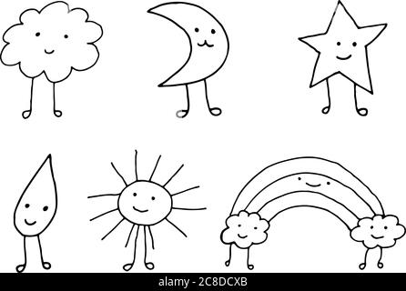 Niedliche kawaii Wetter-Symbole. Doodle Cartoon einfache Zeichnung Sammlung. Gliederungselemente. Vektorgrafik. Stock Vektor