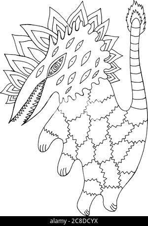 Kratzen fantastische Monster. Strichzeichnung. Malseite für Erwachsene und Kinder. Vektorgrafik. Stock Vektor