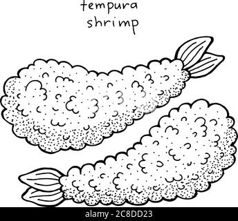 Tempura Shrimp - japanische Lebensmittel Tinte Illustration. Grafik-Schwarzweiß-Bildmaterial. Malseite für Erwachsene. Vektorgrafik. Stock Vektor