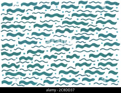Markerskizzenmalerei. Horizontale blaue Meereswellen. Grunge handgezeichnete Textur für Hintergrund. Rasterdarstellung. Stockfoto
