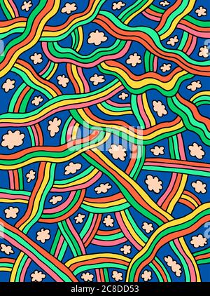 Niedliche Doodle-Textur mit Wolken und Regenbogen. Cartoon farbenfrohe Kunstwerke. Abstrakter Himmel und Elemente. Vektorgrafik. Stock Vektor