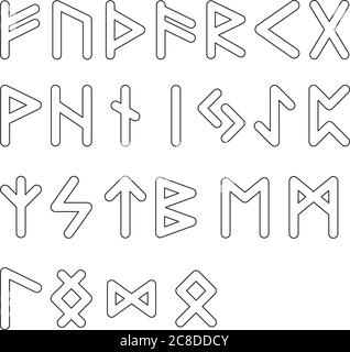 Sammlung von 24 skandinavischen Runen. Symbol für Futhark. Ältere wikinger Hieroglyphen. Vektorgrafik. Stock Vektor