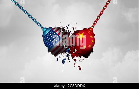 USA China Dispute Konzept als eine internationale Rivalität zwischen zwei Regierungen als Kampf zwischen dem Westen und Osten als Wirtschaftshandel. Stockfoto