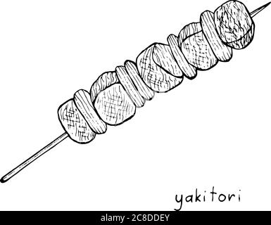 Yakitori - japanische Lebensmittel Tinte Illustration. Grafik-Schwarzweiß-Bildmaterial. Malseite für Erwachsene. Vektorgrafik. Stock Vektor