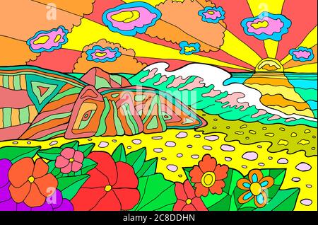Psychedelische Illustration mit Küstenlandschaft. Sonnenuntergang am Meer. Bunte Catoon Retro-Kunst. Hippie 60er Jahre Kunstwerk. Vektorgrafik. Stock Vektor