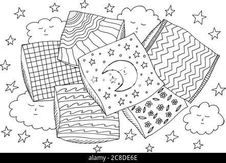Mond schläft auf dem Kissen. Gemütliche Malseite für Erwachsene. Doodle Cartoon Fantasy Zeichnung. Linienzeichnung. Vektorgrafik. Stock Vektor