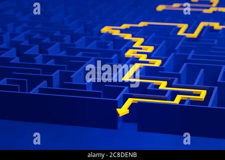 3d Render: Konzept - Lösung eines komplexen Problems. Blaues Labyrinth mit gelben Lösungsweg mit Pfeil. Stockfoto