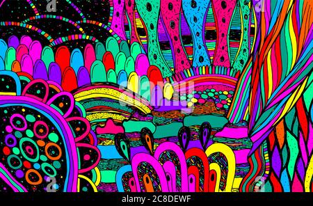 Boho florale Doodle Landschaft. Helle bunte Zeichnung. Hintergrund im Bohemian- und Hippie-Stil. Surreale psychedelische Kunstwerke. Vektorgrafik. Stock Vektor