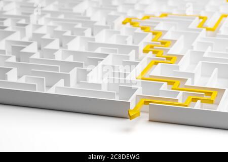 3d Render: Konzept - Lösung eines komplexen Problems. Weißes Labyrinth mit gelben Lösungsweg mit Pfeil. High-Key-Bild Stockfoto