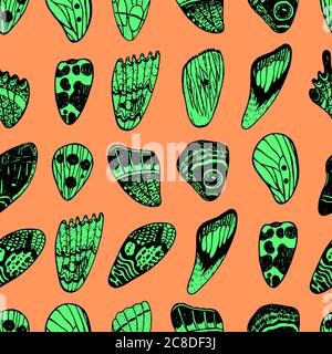 Nahtloses Muster mit Schmetterlingsflügeln und Muscheln. Bunte helle Hand gezeichnet Hintergrund Design. Vektorgrafik. Stock Vektor