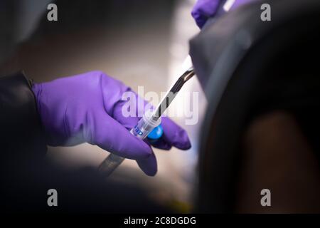 Der US-Armeekapt Kevin Messamer, ein medizinischer Operationsoffizier des 84. Zivilen Unterstützungsteams (CST) der Wyoming National Guard, bereitet Testproben aus dem mobilen Labor vor, das am Wyoming Public Health Laboratory in Cheyenne, Wyoming, am 4. Mai 2020 geparkt ist. Die 84. CST primäre Mission ist es, das Wyoming Public Health Laboratory mit Tests zu unterstützen. Das mobile Labor ist mit einer Plattform für schnelle diagnostische Tests ausgestattet, die eine schnellere Durchlaufzeit für Proben mit hoher Priorität ermöglicht. (USA Foto der Air National Guard von Jacqueline Marshall) Stockfoto