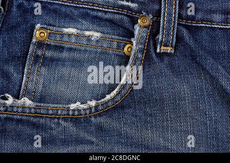 Ausgefranste Jeans Tasche Nahaufnahme für Hintergründe Stockfoto