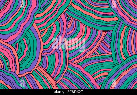 Pilzmuster. Waldfloral. Wavy Doodle Linie Kunst. Pastell und Neon-Farben. Heller Hintergrund. Abstraktes Muster mit Ornamenten. Vektorgrafik Stock Vektor