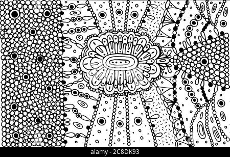 Mandala und kleine Kreise. Psychedelische Malvorlagen für Erwachsene. Abstrakte Linie Kunst. Doodle Textur für Hintergrund. Zen-Zeichnung. Vektorgrafiken. Stock Vektor