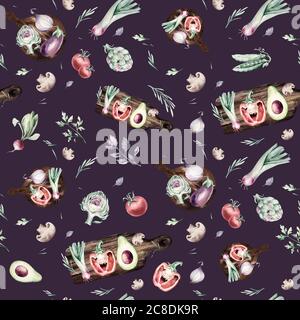 Aquarell Gemüse nahtlose Muster von frischem Gemüse. Stoff vegetarische Natur Hintergrund Stockfoto
