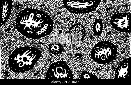 Aliens im Weltraum. Surreale psychedelische Kunstwerke. Tinte Linie Kunst. Psychedelic Malvorlagen für Erwachsene. Schwarz-Weiß-Illustration. Fantasy-Kreaturen. Vec Stock Vektor