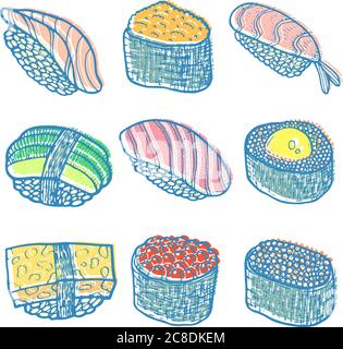 Sushi-Set. Skizzieren Sie eine farbenfrohe Illustration. Sushi- und Rollenkollektion. Japanische Meeresfrüchte. Elemente für die Gestaltung von Restaurantmenüs. Vektorgrafik. Stock Vektor