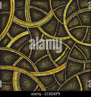 Trippiges schamanisches Muster - abstraktes geometrisches Mandala. Goldene und schwarze surreale Zeichnung. Stil der heiligen Geometrie. Mystisches psychedelisches Design für Flyer. Stock Vektor