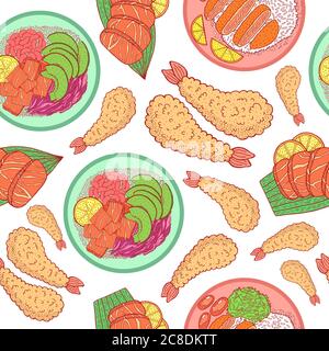 Schönes japanisches Essen, tolles Design für jeden Zweck. Doodle Vektor nahtlose Muster. Trendige Menüstruktur. Skizzenzeichnung. Japanische und asiatische Küche b Stock Vektor