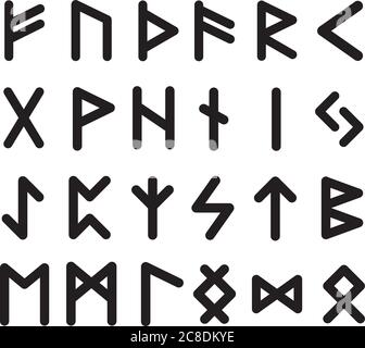 Sammlung von 24 skandinavischen Runen schwarz innen. Silhouette für Symbol gesetzt. Ältere wikinger Hieroglyphen. Vektorgrafik. Stock Vektor