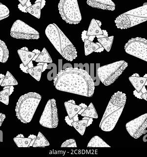 Mexikanische Speisen Nahtloses Muster Design. Tacos, Quesadillas, Nachos, Burrito. Skizze Strichzeichnung auf schwarzem Hintergrund. Dunkle Kulisse mit monochromen Mexi Stock Vektor