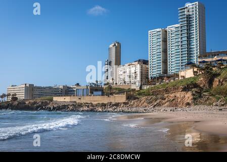 Ramlet al Baida öffentlicher Strand am südlichen Ende der Corniche Beirut Promenade in Beirut, Libanon Stockfoto