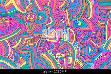 Leuchtendes Neon-Muster mit dreifarbigen Doodle-Streifen. Bunte Regenbogen abstrakt detalized Ornament. Psychedelische Textur. Vektorgrafik. Stock Vektor