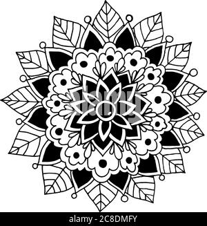 Blumendudel Mandala mit Blättern. Tinte schwarz-weiß Umrisszeichnung. Antistress Malvorlagen für Erwachsene. Vektorgrafik. Stock Vektor